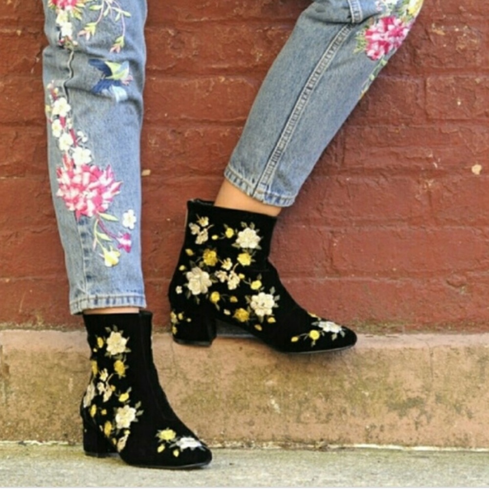 Topshop embroidered velvet boots booties